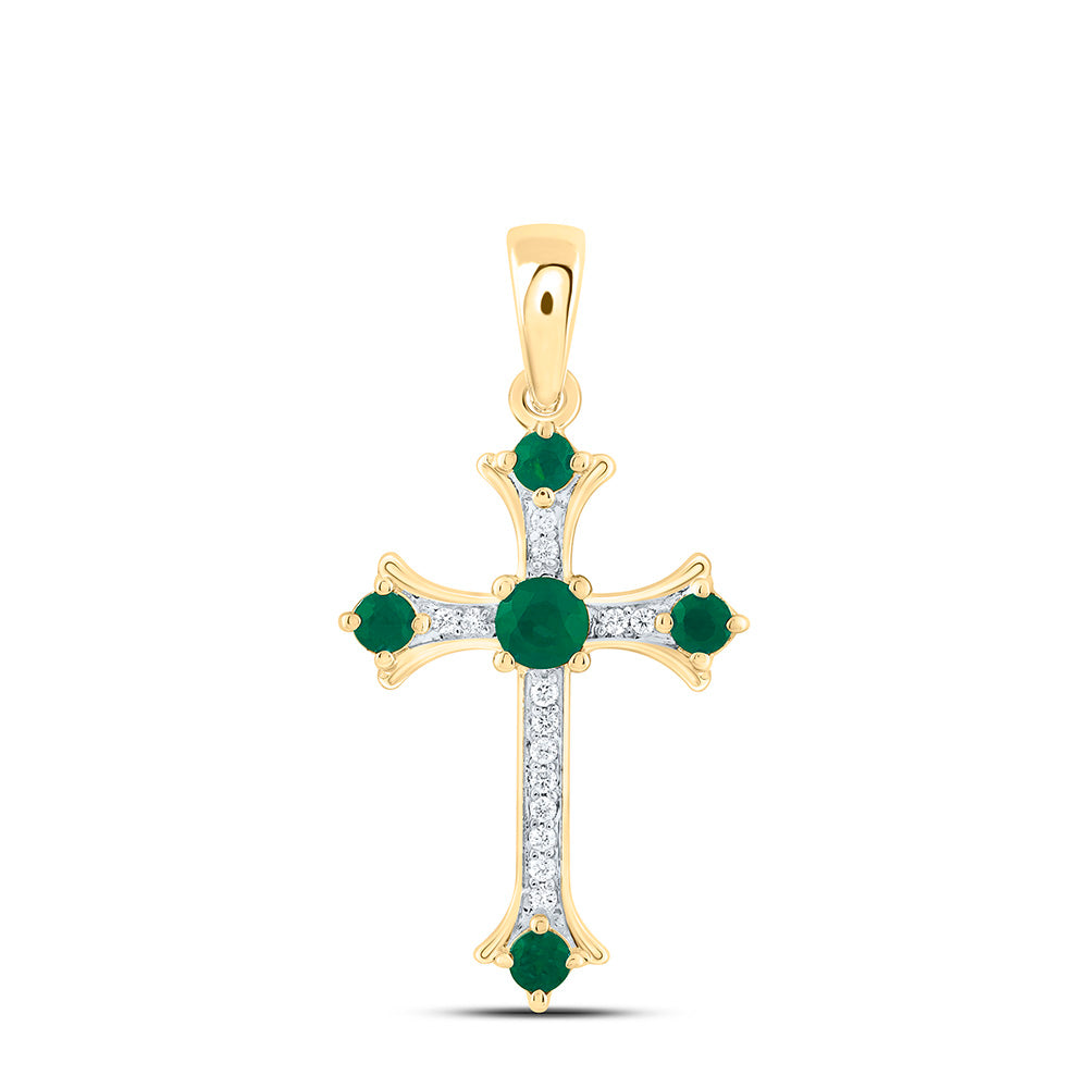 14k Gold 1/12 CTW-Natural Diamond 3/8 Ct Rd-Em Natural Gemstone Cross Pendant