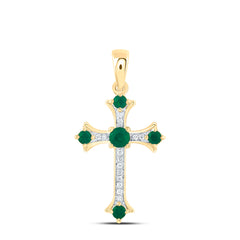 14k Gold 1/12 CTW-Natural Diamond 3/8 Ct Rd-Em Natural Gemstone Cross Pendant