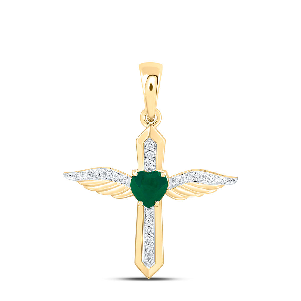 14k Gold 1/8 CTW-Natural Diamond 5MM Ht-Em Natural Gemstone Heart Cross Pendant