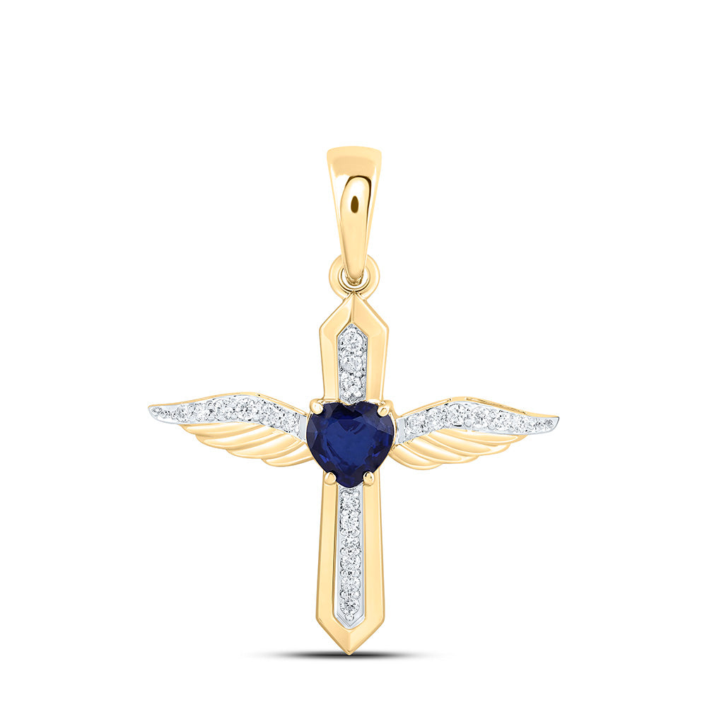14k Gold 1/8 CTW-Natural Diamond 5MM Ht-Bs Natural Gemstone Heart Cross Pendant