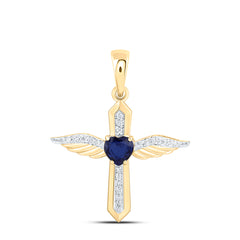 14k Gold 1/8 CTW-Natural Diamond 5MM Ht-Bs Natural Gemstone Heart Cross Pendant