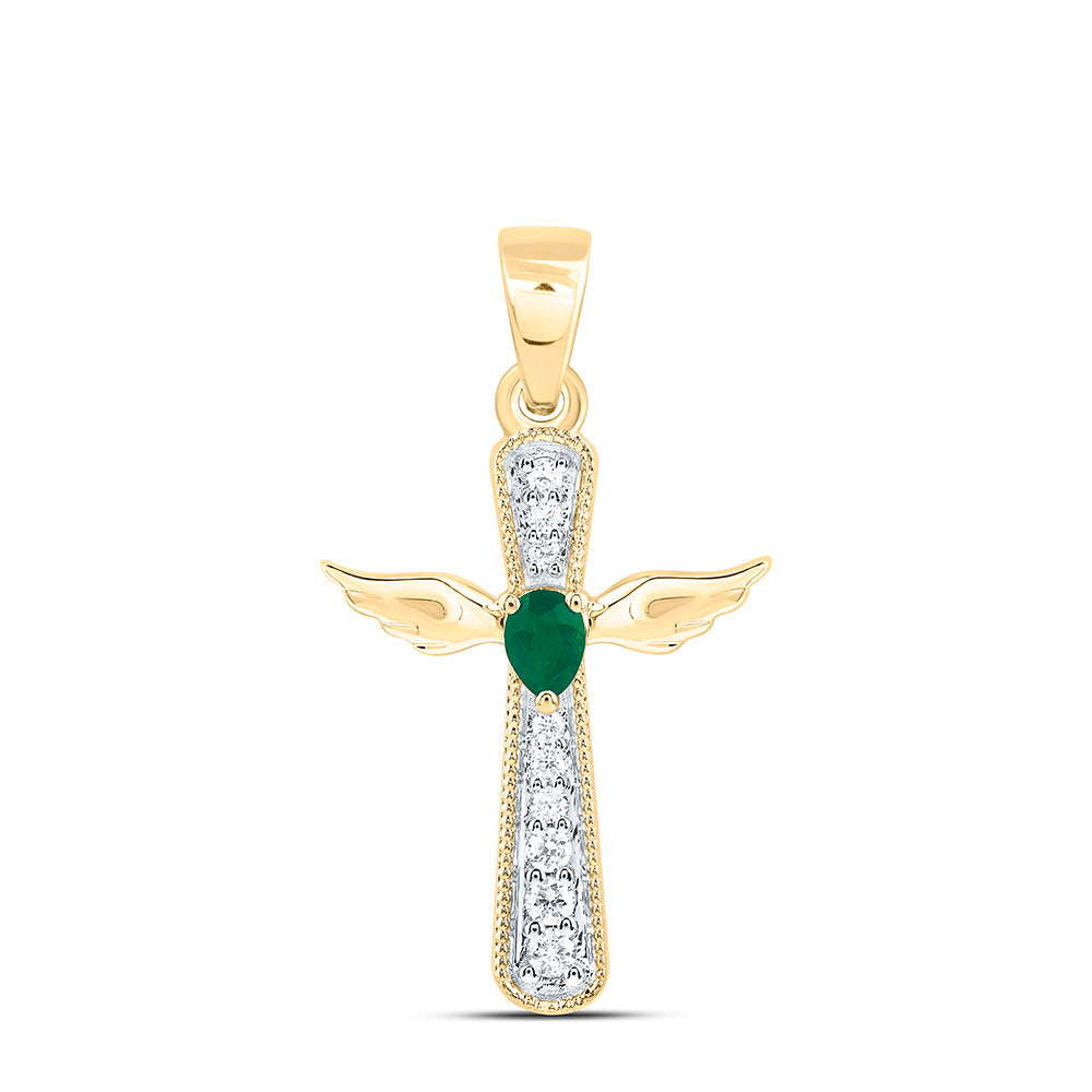 14k Gold 1/12 CTW-Natural Diamond 3.5X.40MM Ps-Em Natural Gemstone Cross Pendant