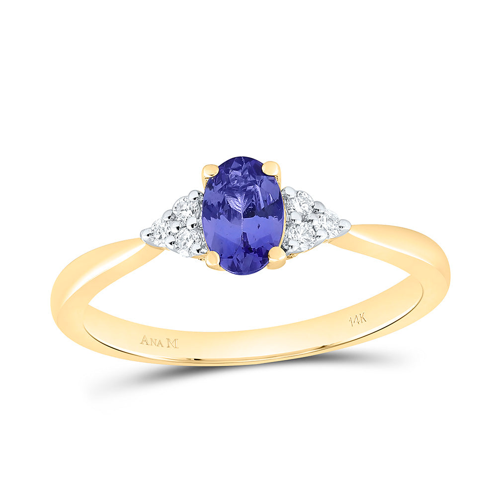 14k Gold 1/10 CTW-Natural Diamond 6X4MM-Ov-Tanznite Natural Gemstone Oval Ring