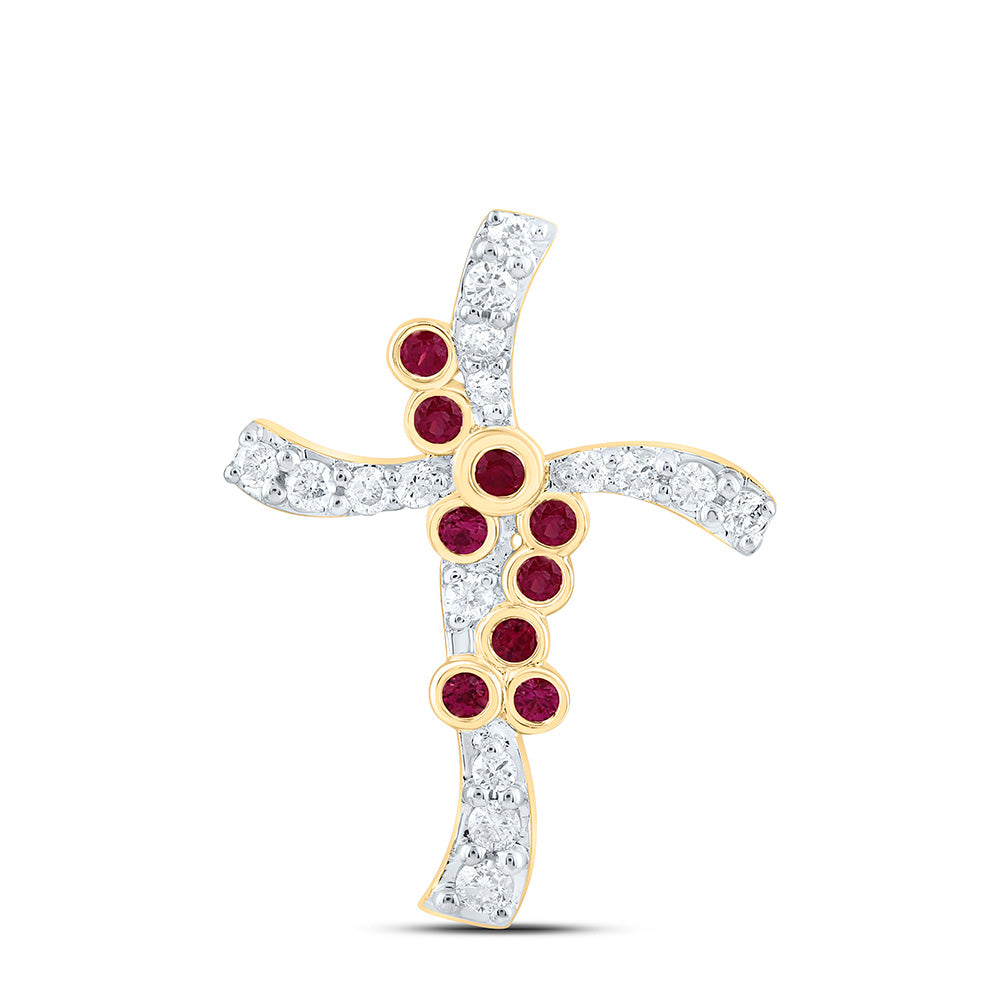 14k Gold 1/8 CTW-Natural Diamond 1/20 Ct-Rd-Ru Natural Gemstone Cross Pendant