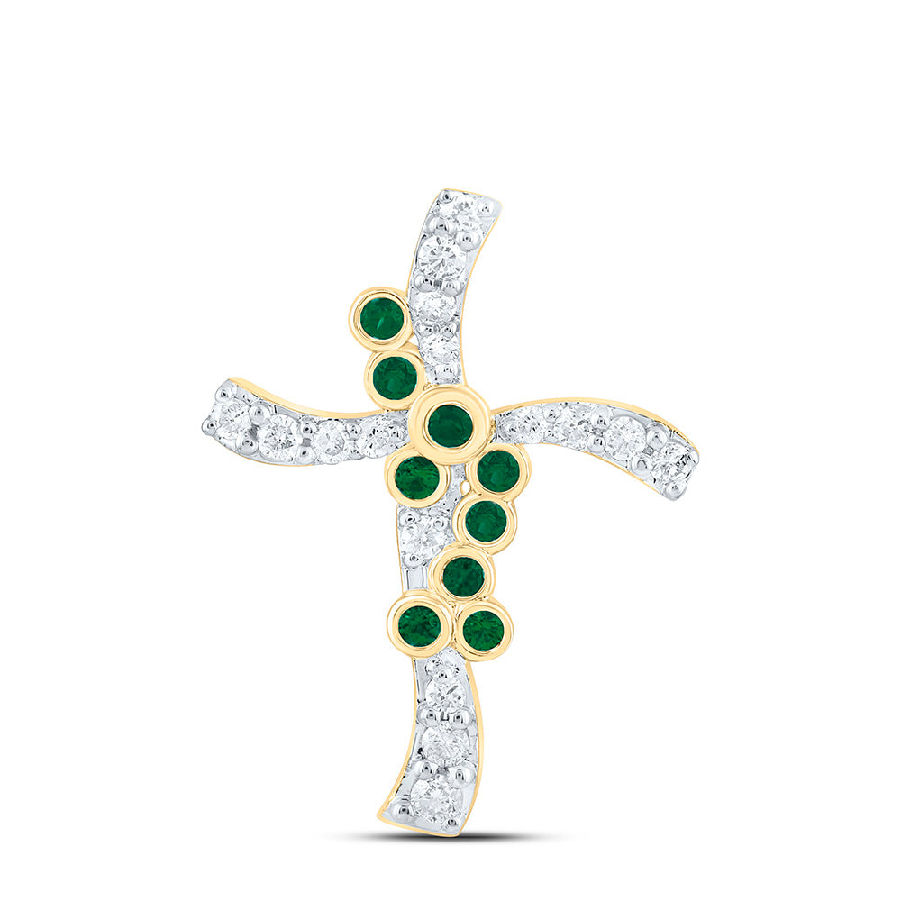 14k Gold 1/8 CTW-Natural Diamond 1/20 Ct-Rd-Em Natural Gemstone Cross Pendant