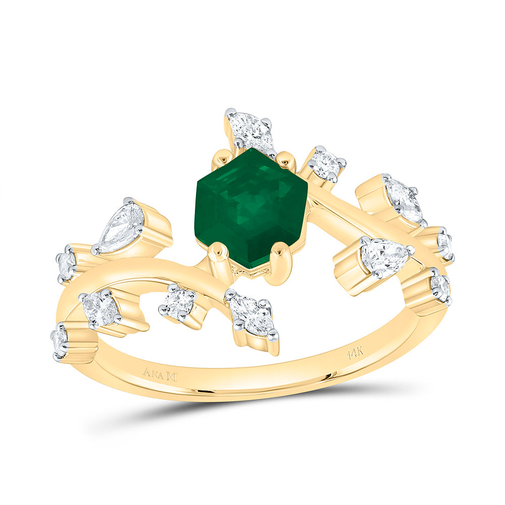 14k Gold 1/3 CTW-Natural Diamond 6.5X.6MM Hexagon-Em Natural Gemstone Ring