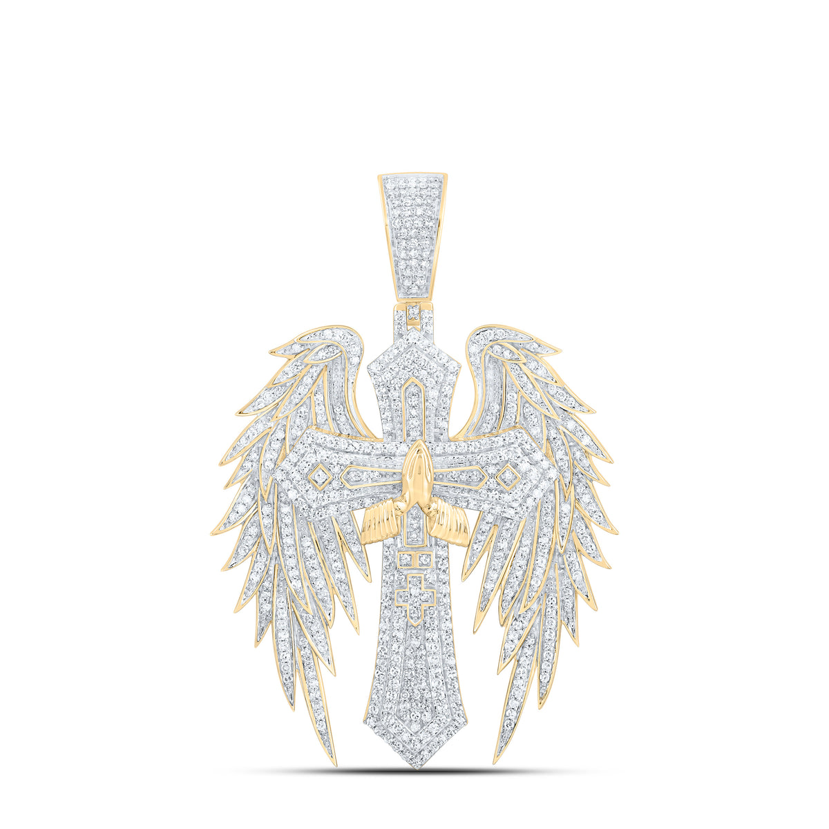 10k Gold 1 3/4 CTW-Natural Diamond Cross Wings Mens Charm