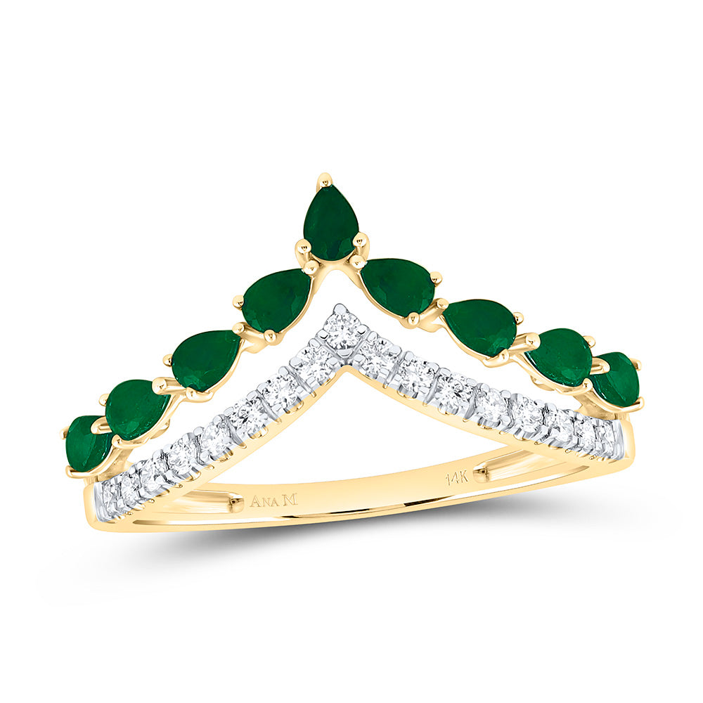 14k Gold 1/5 CTW-Natural Diamond 1/2 Ct-Ps-Em Natural Gemstone Pear Ring