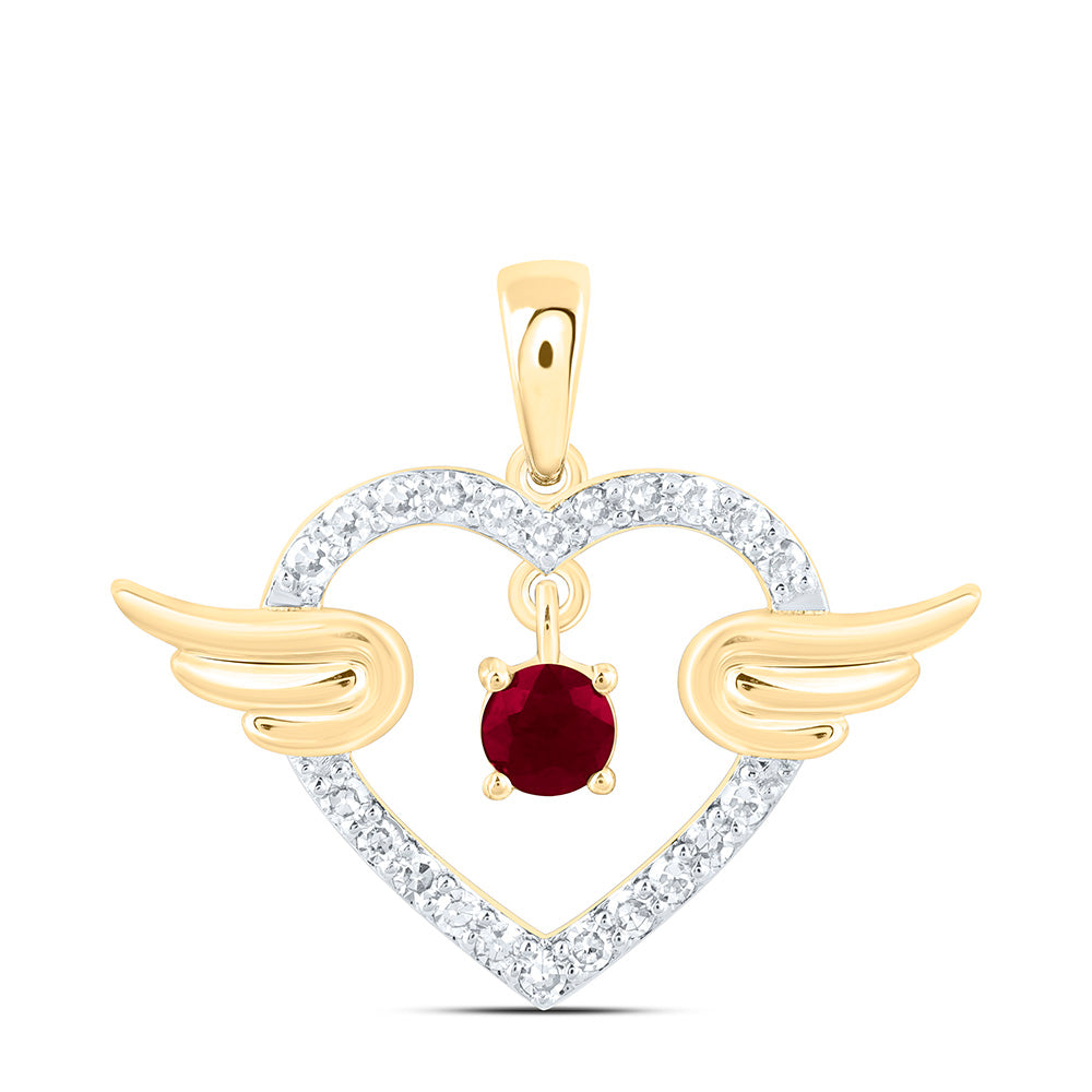 10k Gold 1/10 CTW-Natural Diamond 2.90MM Rd-Ru Natural Gemstone Heart Wings Pendant