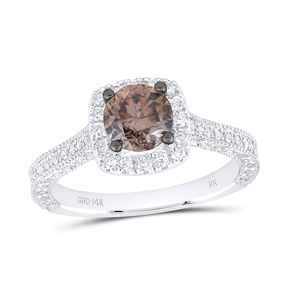 14k Gold 1 3/8 CTW-Natural Diamond 1 Ct-Crd-Br Fashion Cognac Natural Cushion Sing Halo Bridal Ring