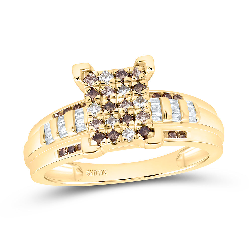 10k Gold 1/2 CTW-Natural Diamond Fashion Cognac Ombre Diamond Emerald Ring