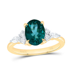 14k Gold 1/4 CTW-Natural Diamond 9X7MM-Ov-Green Tourmaline Natural Gemstone Oval Ring