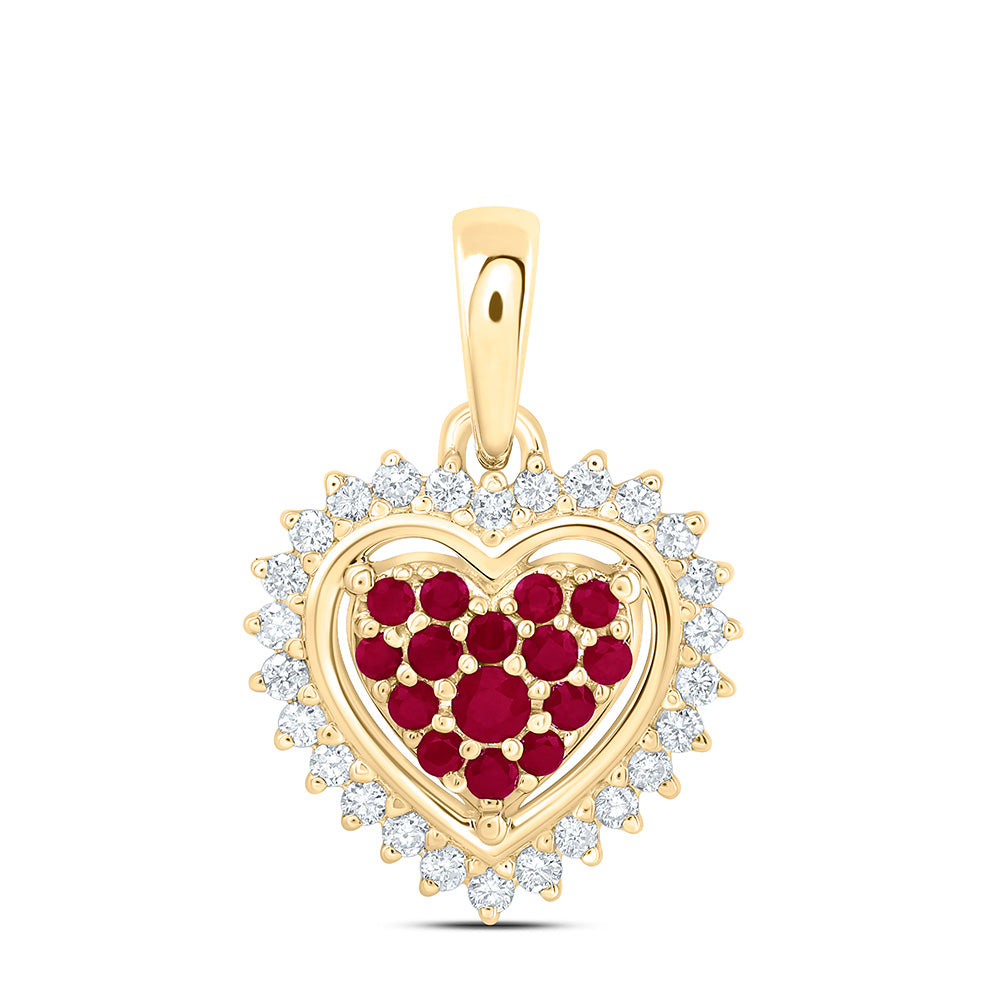 14k Gold 1/8 CTW-Natural Diamond 1/6 Ct-Rd-Ru Natural Gemstone Heart Pendant