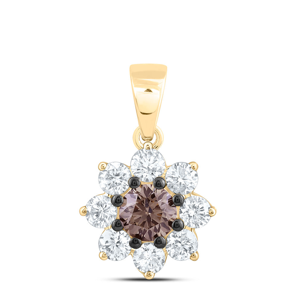 14k Gold 7/8 CTW-Natural Diamond 1/3 Ct-Rd-Br Fashion Cognac Natural Flower Pendant