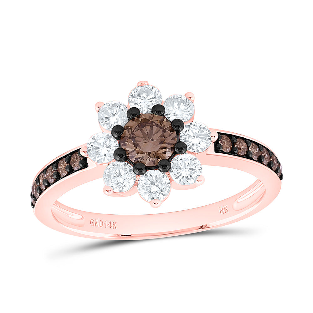 14k Gold 1 CTW-Natural Diamond 1/3 Ct-Rd-Br Fashion Cognac Natural Flower Ring