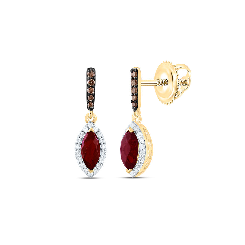 10k Gold 1/6 CTW-Natural Diamond Cognac Natural, 6X3MM-Mq-Garnet Marquise Dangling Earring