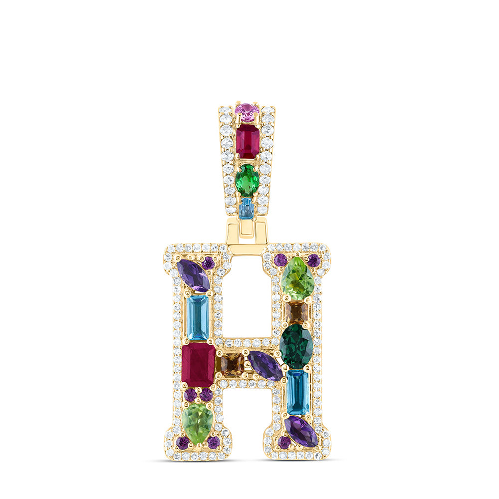 10k Gold 1/3 CTW-Natural Diamond 1 5/8 Ct-Natural Gemstone Multi Clear Sapphire Initial "H" Pendant