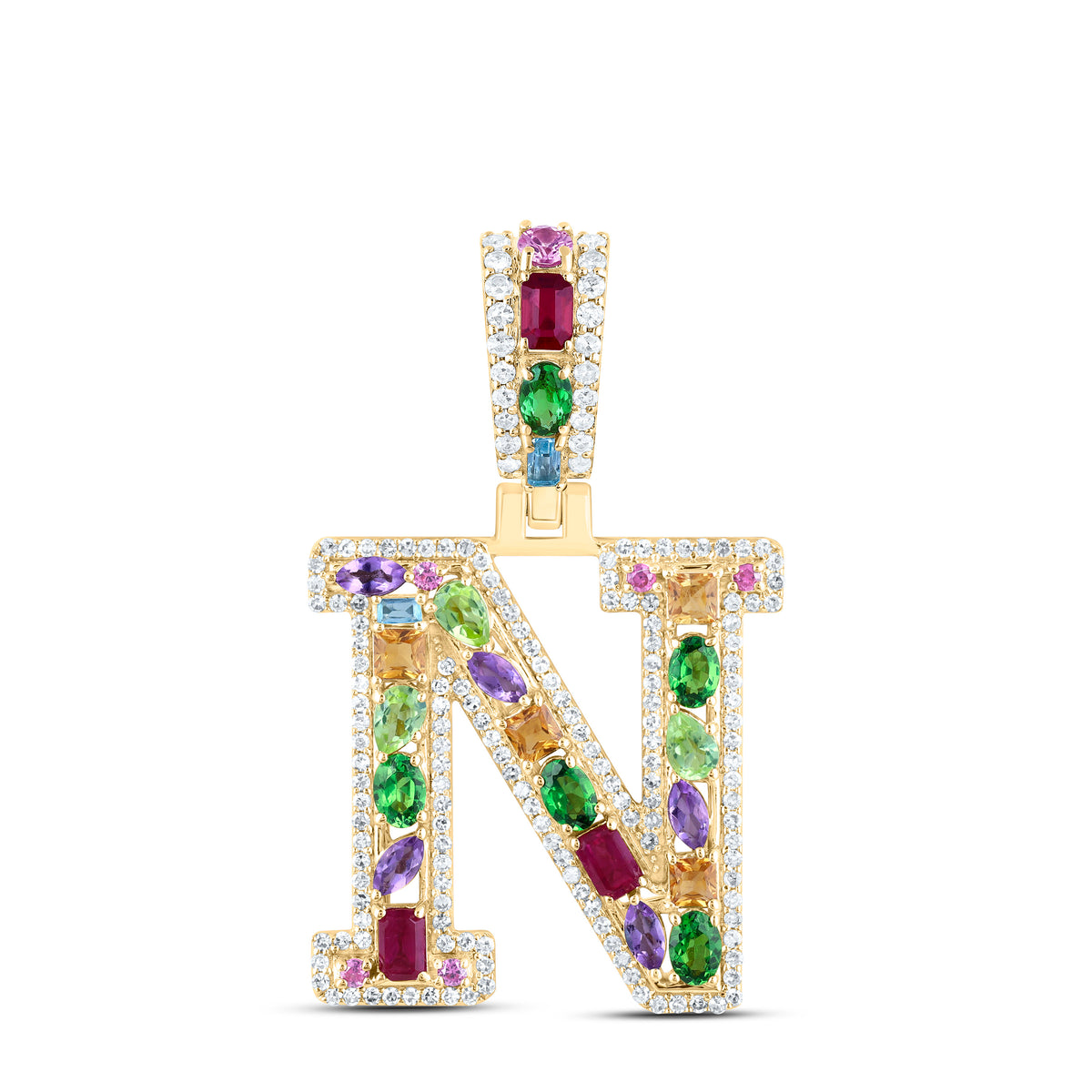 10k Gold 3/8 CTW-Natural Diamond 1 1/4 Ct-Natural Gemstone Multi Clear Sapphire Initial "N" Pendant