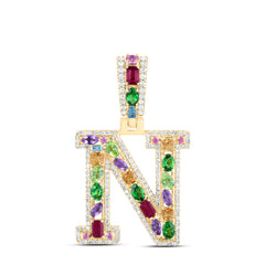10k Gold 3/8 CTW-Natural Diamond 1 1/4 Ct-Natural Gemstone Multi Clear Sapphire Initial "N" Pendant