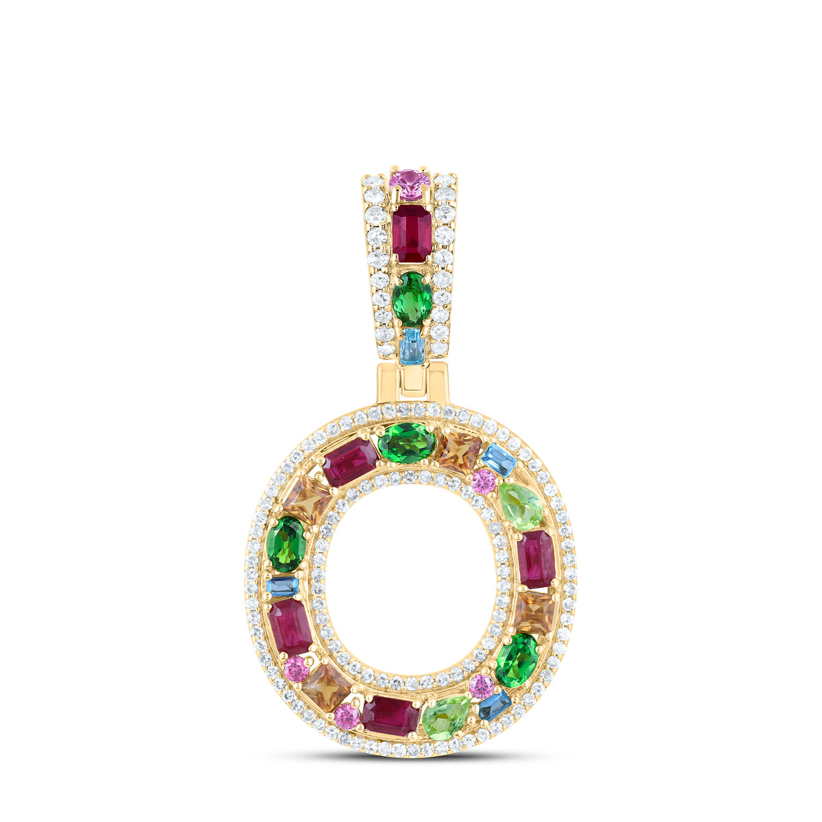 10k Gold 1/3 CTW-Natural Diamond 1 1/4 Ct-Natural Gemstone Multi Clear Sapphire Initial "O" Pendant