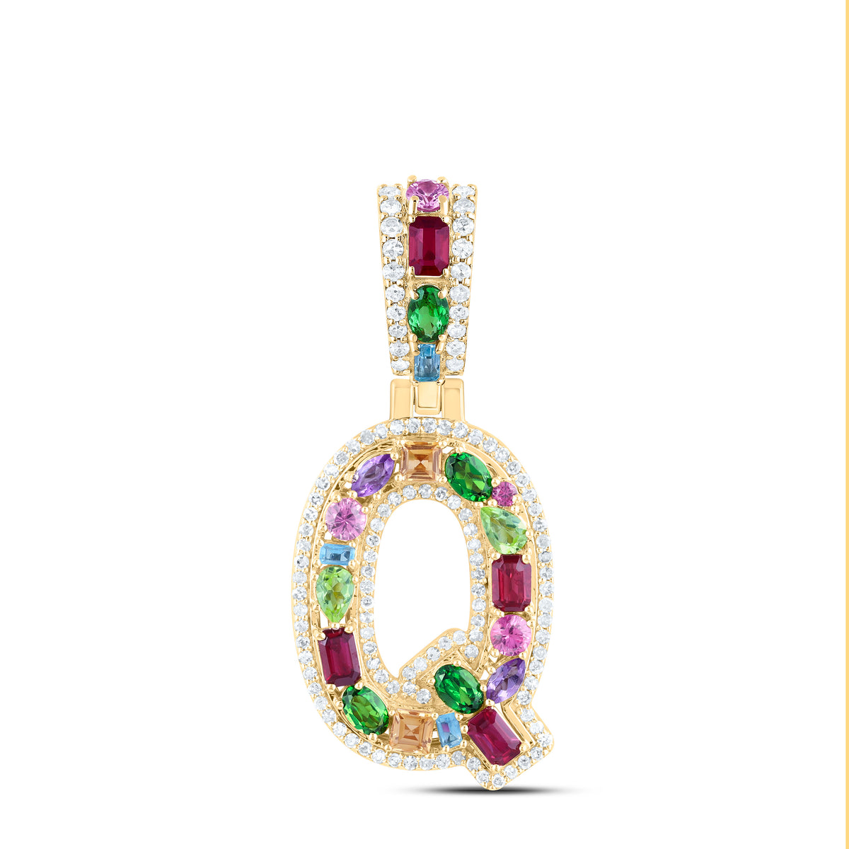 10k Gold 1/3 CTW-Natural Diamond 1 Ct-Natural Gemstone Multi Clear Sapphire Initial "Q" Pendant