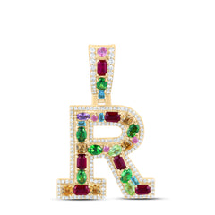 10k Gold 3/8 CTW-Natural Diamond 7/8 Ct-Natural Gemstone Multi Clear Sapphire Initial "R" Pendant
