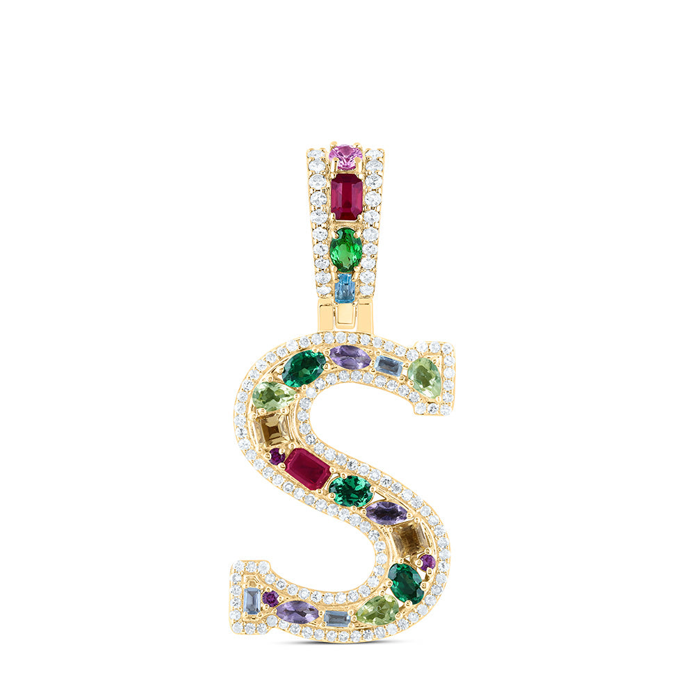 10k Gold 1/3 CTW-Natural Diamond 1 Ct-Natural Gemstone Multi Clear Sapphire Initial "S" Pendant