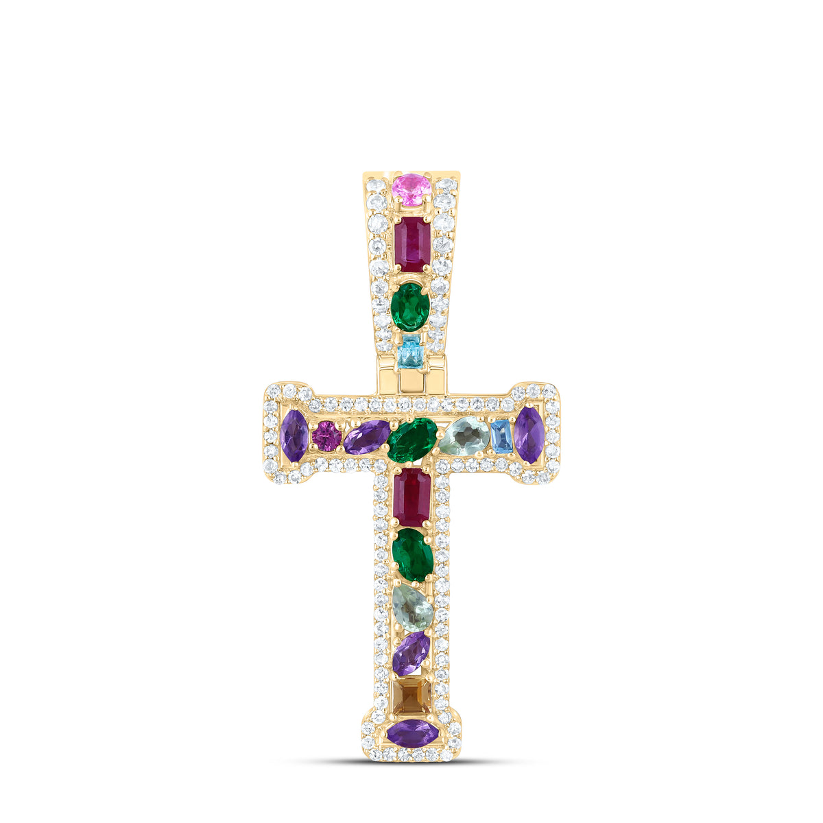 10k Gold 1/3 CTW-Natural Diamond 7/8 Ct-Natural Gemstone Multi Clear Sapphire Initial "T" Pendant