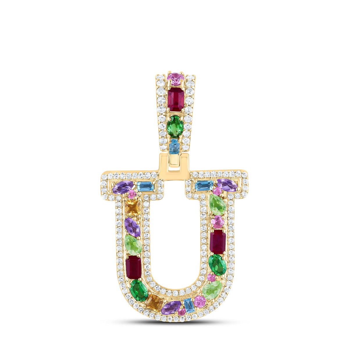 10k Gold 1/3 CTW-Natural Diamond 3/4 Ct-Natural Gemstone Multi Clear Sapphire Initial "U" Pendant
