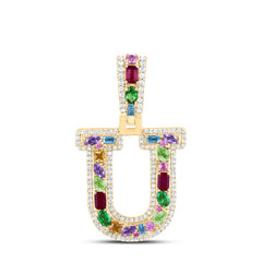 10k Gold 1/3 CTW-Natural Diamond 3/4 Ct-Natural Gemstone Multi Clear Sapphire Initial "U" Pendant
