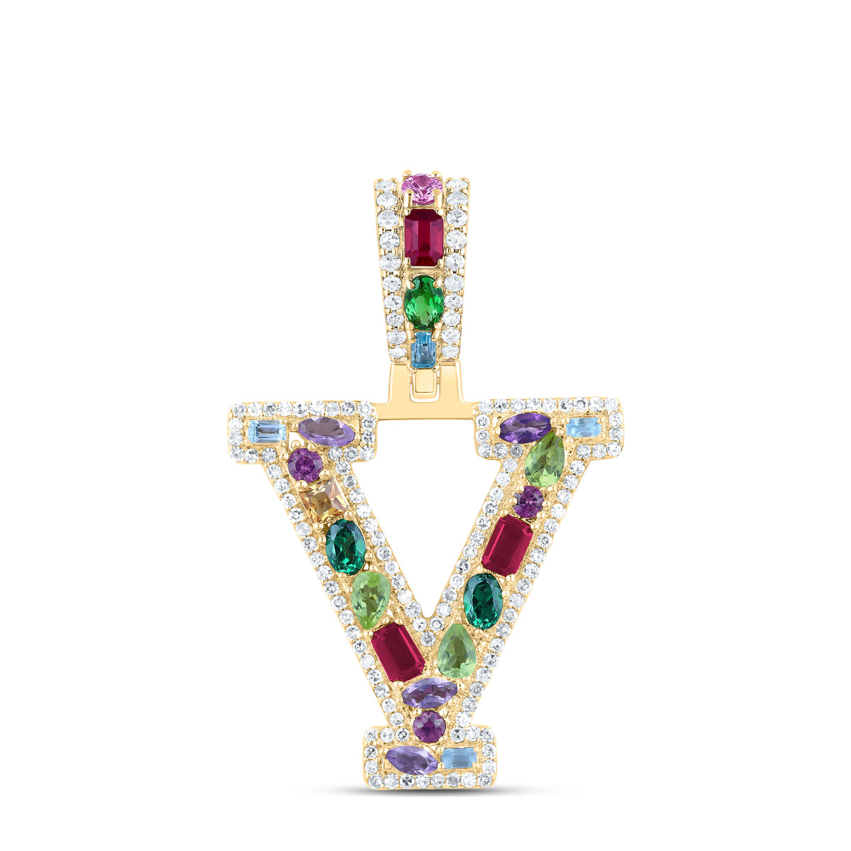 10k Gold 1/3 CTW-Natural Diamond 1 Ct-Natural Gemstone Multi Clear Sapphire Initial "V" Pendant