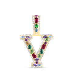 10k Gold 1/3 CTW-Natural Diamond 1 Ct-Natural Gemstone Multi Clear Sapphire Initial "V" Pendant