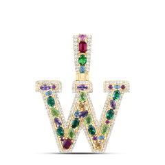 10k Gold 3/8 CTW-Natural Diamond 1 1/2 Ct-Natural Gemstone Multi Clear Sapphire Initial "W" Pendant