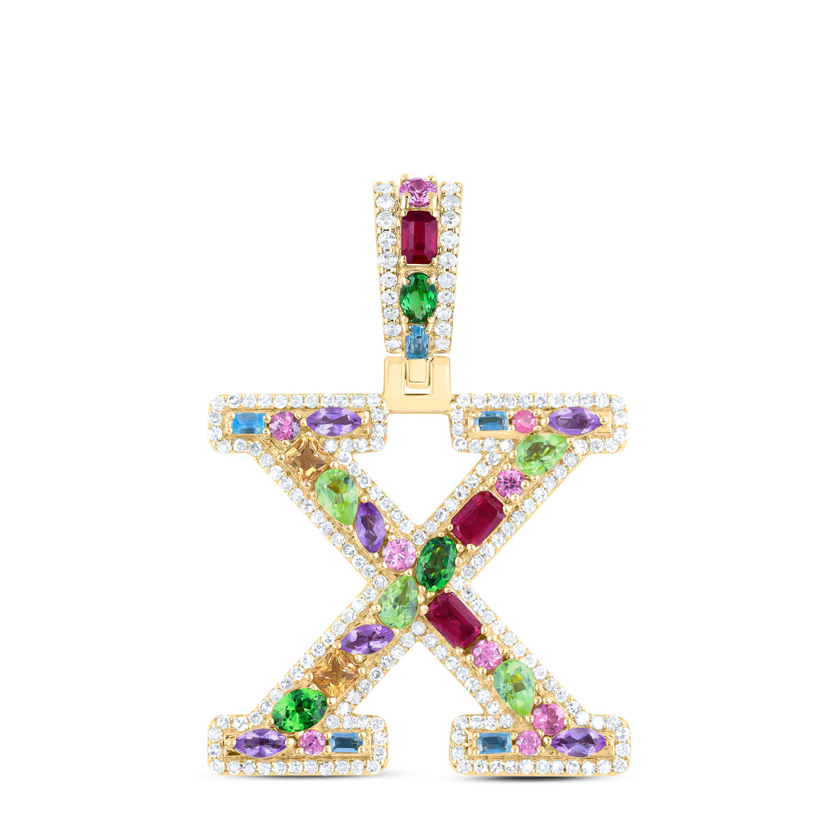 10k Gold 3/8 CTW-Natural Diamond 1 1/2 Ct-Natural Gemstone Multi Clear Sapphire Initial "X" Pendant