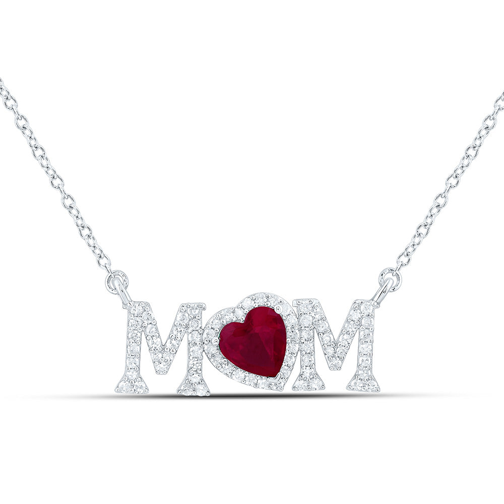 Sterling Silver 1/3 CTW-Natural Diamond Gift 6MM-Ht-Ru Synthetic "Mom" Heart Necklace (18 Inch )