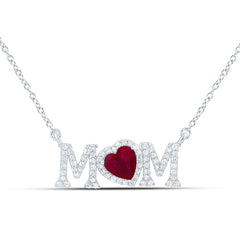Sterling Silver 1/3 CTW-Natural Diamond Gift 6MM-Ht-Ru Synthetic "Mom" Heart Necklace (18 Inch )