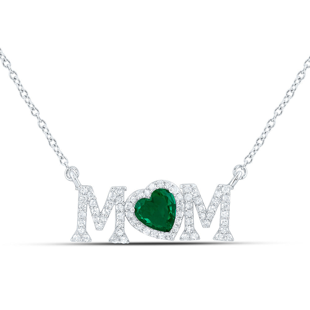 Sterling Silver 1/3 CTW-Natural Diamond Gift 6MM-Ht-Em Synthetic "Mom" Heart Necklace (18 Inch )