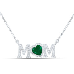 Sterling Silver 1/3 CTW-Natural Diamond Gift 6MM-Ht-Em Synthetic "Mom" Heart Necklace (18 Inch )