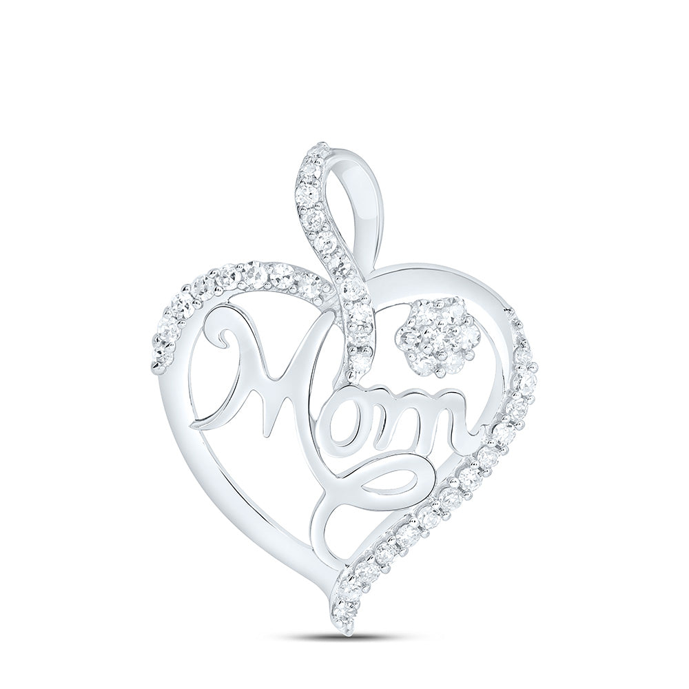 Sterling Silver 1/6 CTW-Natural Diamond Gift Flower "Mom" Heart Pendant