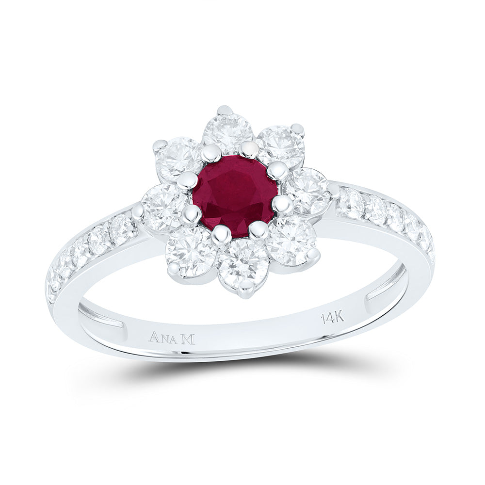 14k Gold 3/4 CTW-Natural Diamond 4.50MM-Rd-Ru Natural Gemstone Flower Ring