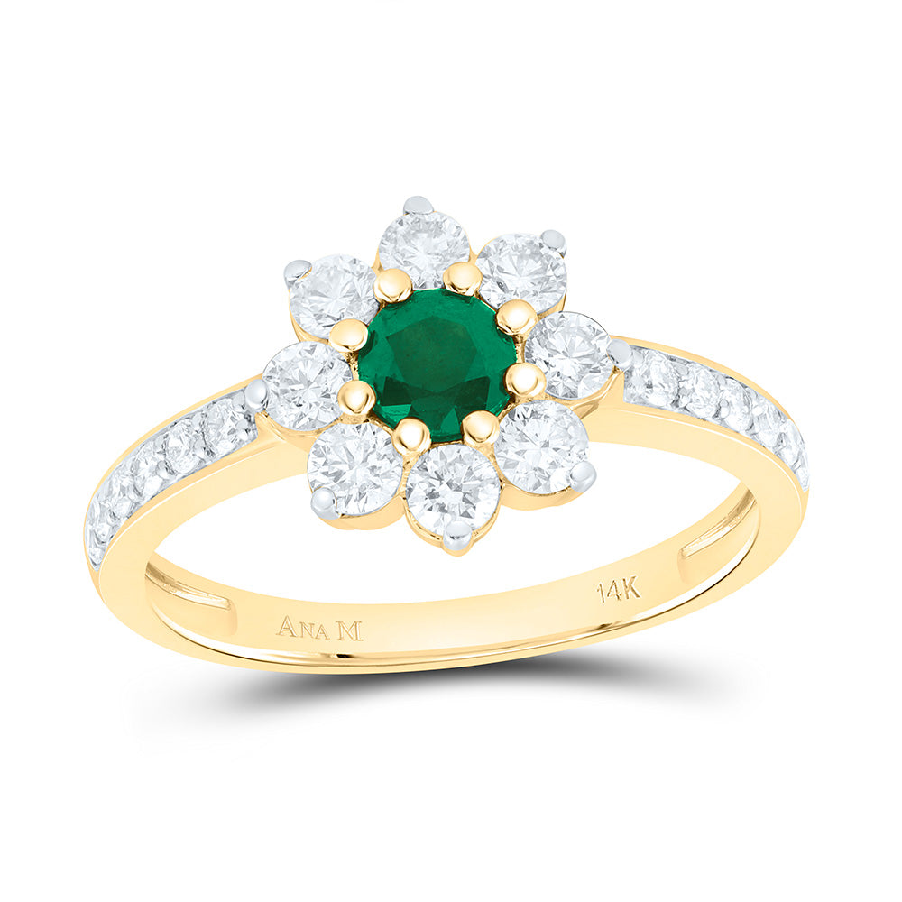 14k Gold 3/4 CTW-Natural Diamond 4.50MM-Rd-Em Natural Gemstone Flower Ring
