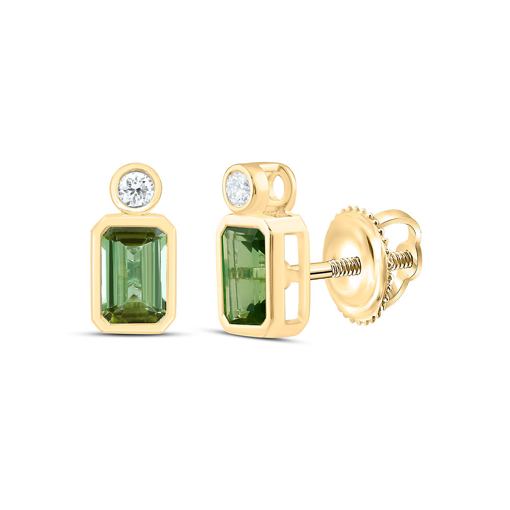 14k Gold 1/12 CTW-Natural Diamond 6X4MM-Em-Olive Tourmaline Natural Gemstone Emerald Earring