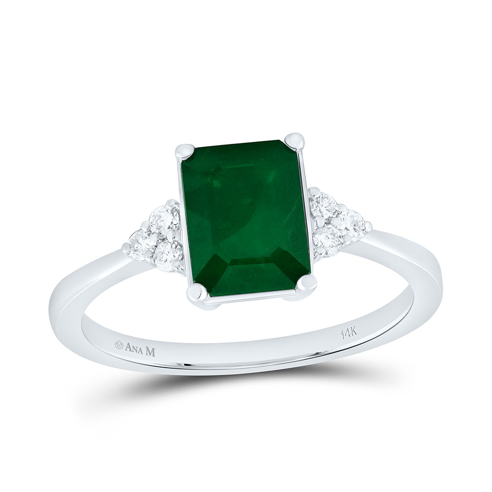 14k Gold 1/10 CTW-Natural Diamond 8X6MM-Em-Em Natural Gemstone Emerald Ring