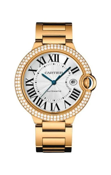 Cartier Ballon Bleu 42mm 18k Yellow Gold Silver Dial Factory Diamond Bezel Watch 2998