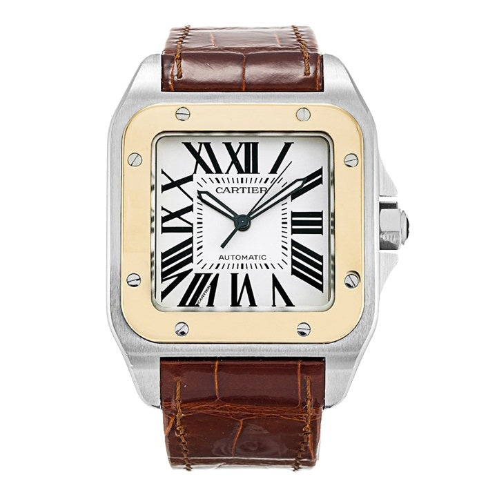 Cartier Santos 100 38mm YG-SS Silver Dial Gold Bezel Leather Band Watch 2656