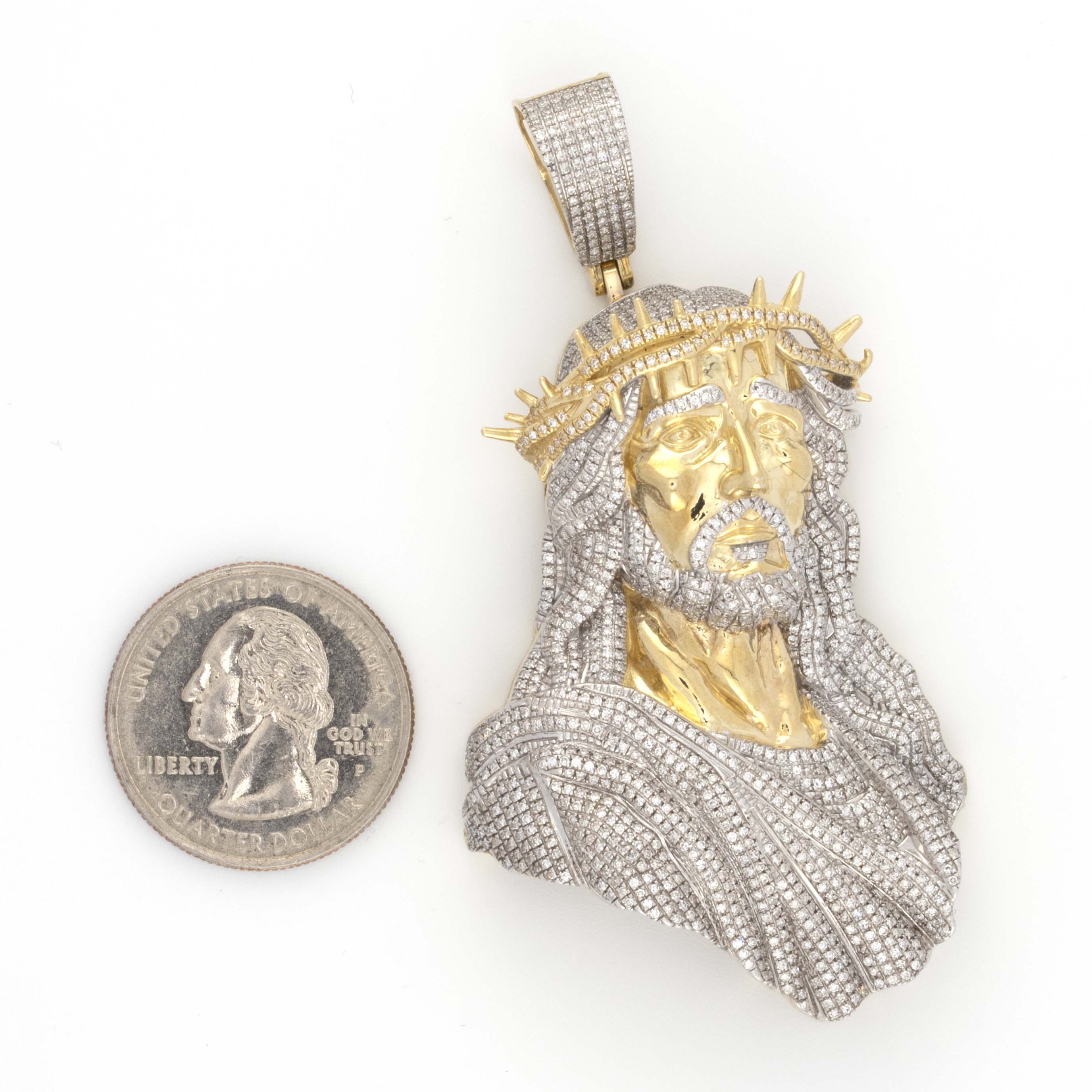 THORN CROWN JESUS TWO TONE ROUND DIAMOND PENDANT - 10KT YELLOW + WHITE GOLD & 2.25CTW