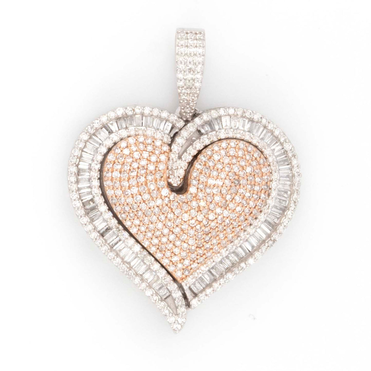 HEART SHAPE TWO TONE BAGUETTE & ROUND DIAMOND PENDANT - 10KT ROSE + WHITE GOLD & 4.30 CTW