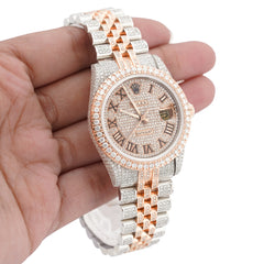 36MM Rolex Datejust Bussdown 2 Tone White/Rose Roman Dial Diamond Bezel ICED OUT Watch