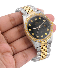 36MM Mens Rolex Datejust Black Face Dial Diamond Bezel Jubilee Band Bussdown Watch