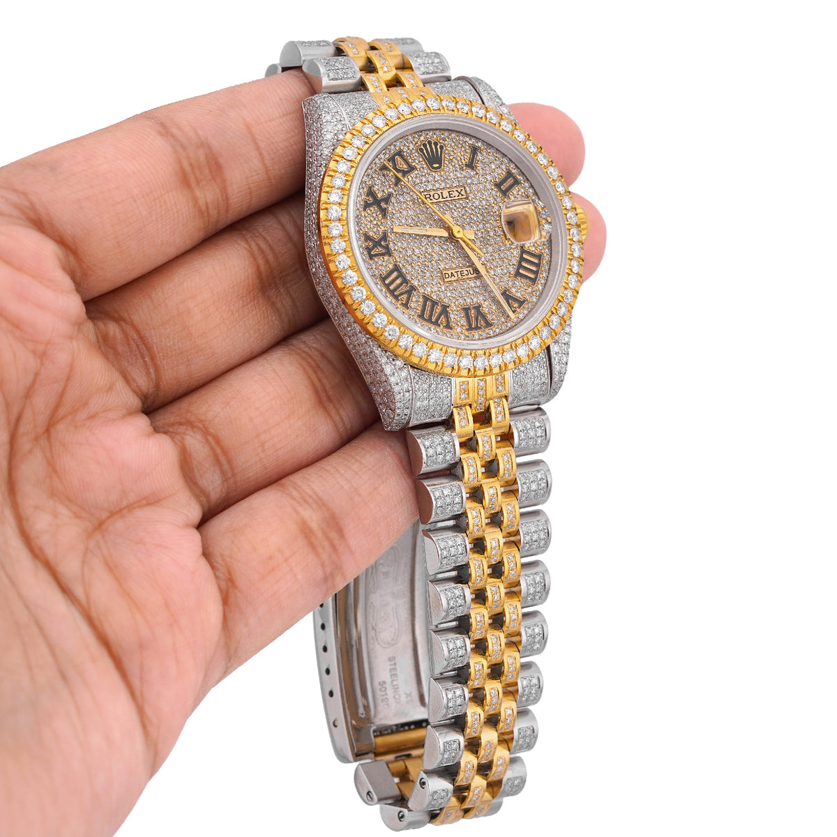 36MM Rolex Datejust Bussdown 2 Tone White/Yellow Roman Dial Diamond Bezel ICED Watch